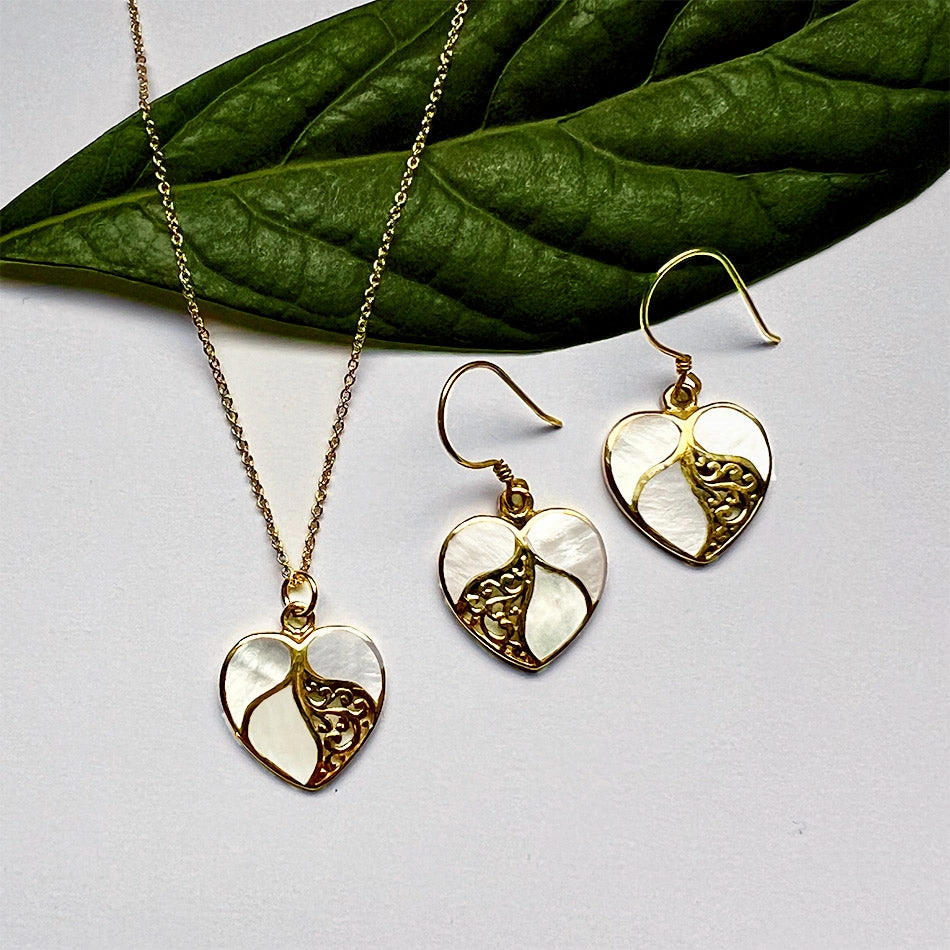 Mother-of-Pearl Heart Earrings - Brass, Indonesia