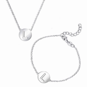 Sterling Silver Cut-Out Shiny L Disc Initial Bracelet & Necklace Set