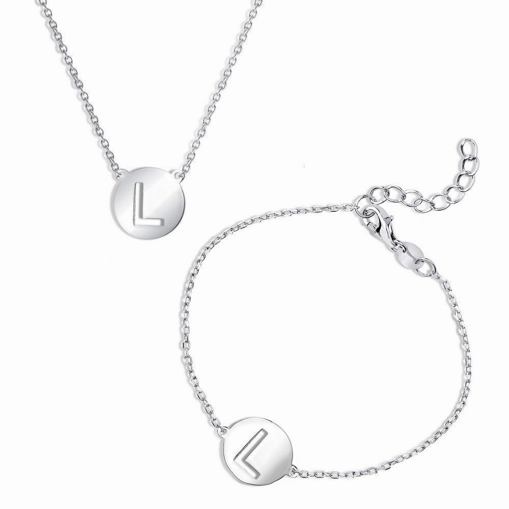 Sterling Silver Cut-Out Shiny L Disc Initial Bracelet & Necklace Set