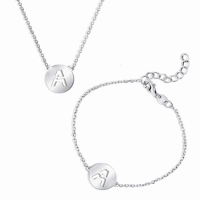 Sterling Silver Shiny 'A' Disc Initial Bracelet and Necklace Set