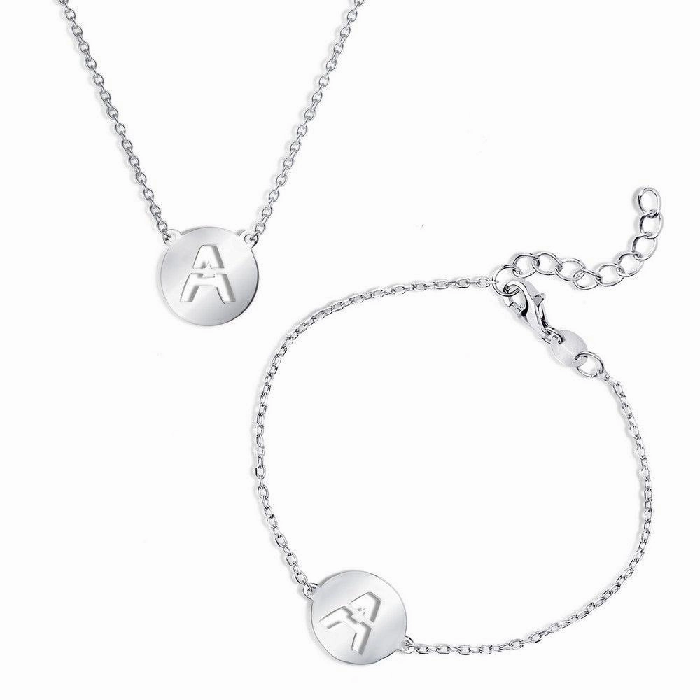 Sterling Silver Shiny 'A' Disc Initial Bracelet and Necklace Set