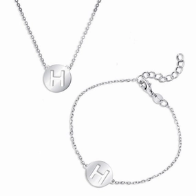 Sterling Silver Shiny 'H' Disc Initial Bracelet and Necklace Set