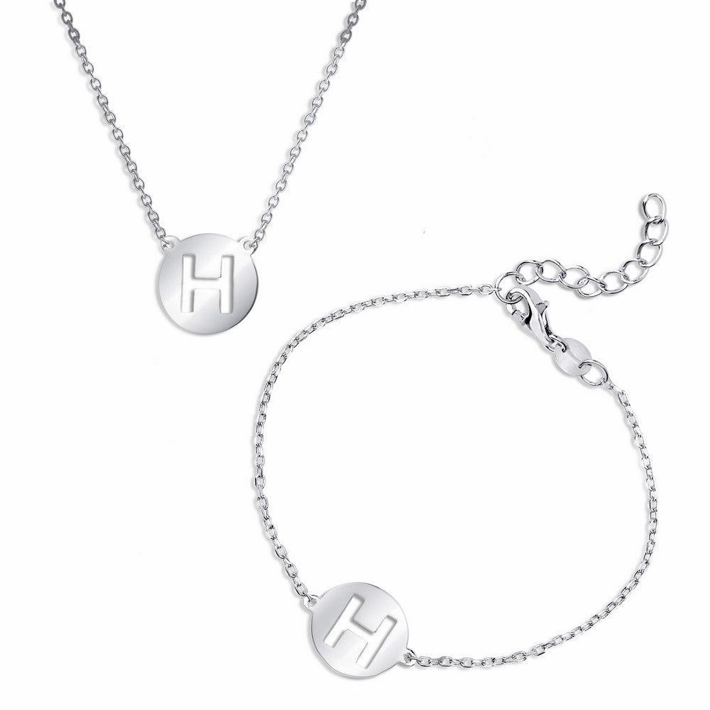 Sterling Silver Shiny 'H' Disc Initial Bracelet and Necklace Set