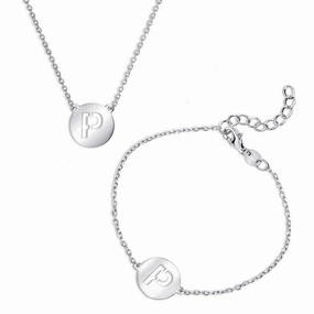 Sterling Silver Shiny 'P' Disc Initial Bracelet and Necklace Set
