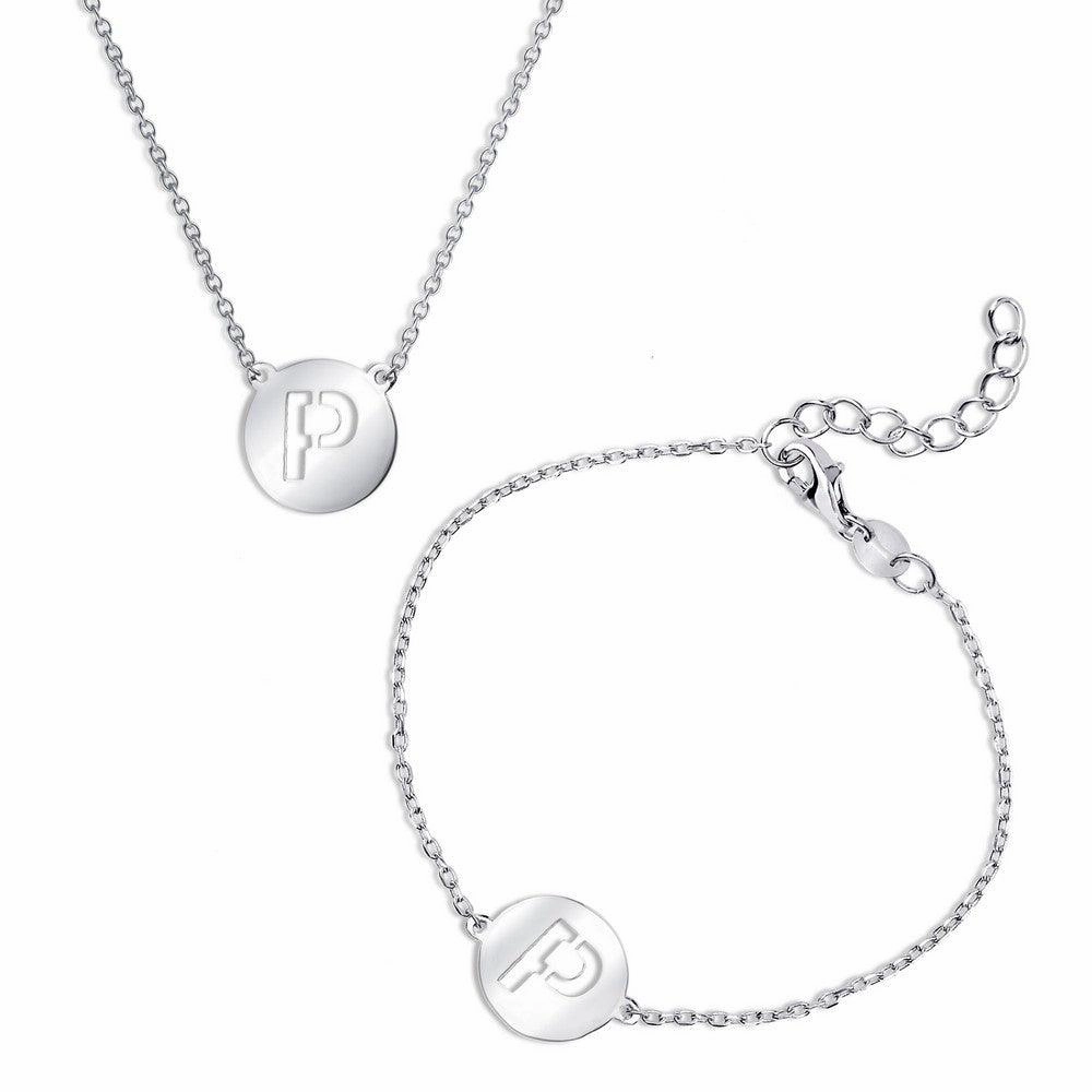 Sterling Silver Shiny 'P' Disc Initial Bracelet and Necklace Set