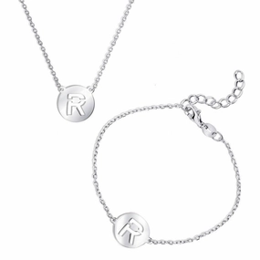 Sterling Silver Shiny 'R' Disc Initial Bracelet and Necklace Set