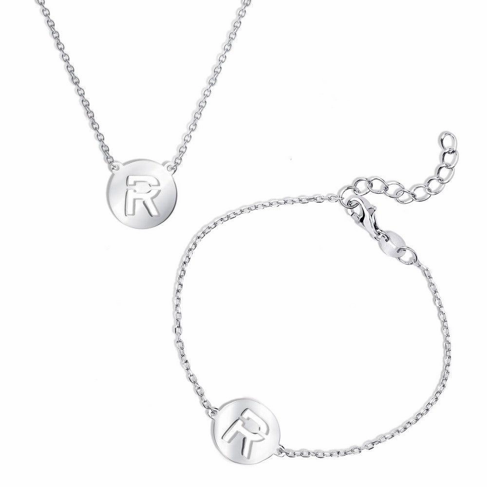 Sterling Silver Shiny 'R' Disc Initial Bracelet and Necklace Set