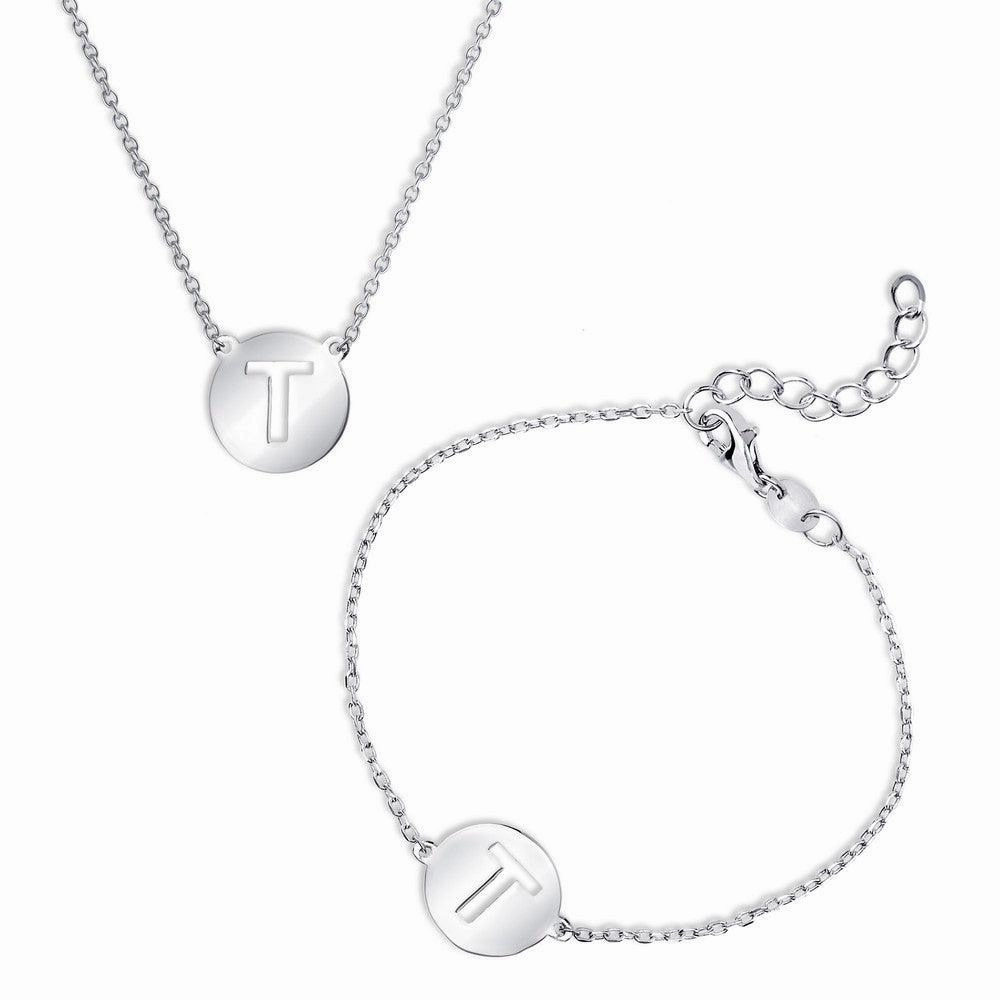 Sterling Silver Shiny 'T' Disc Initial Bracelet and Necklace Set