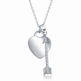 Sterling Silver Shiny Heart with CZ Arrow Necklace