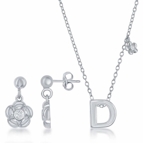 Sterling Silver Shiny "D" Necklace and Earrings Set