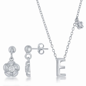Sterling Silver Shiny "E" Necklace and Earrings Set