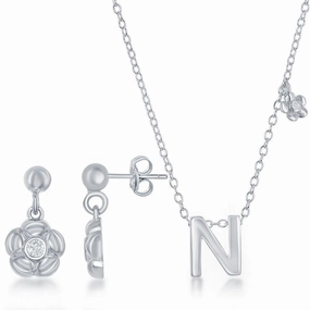 Sterling Silver Shiny "N" Necklace and Earrings Set