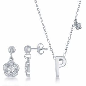 Sterling Silver Shiny "P" Necklace and Earrings Set
