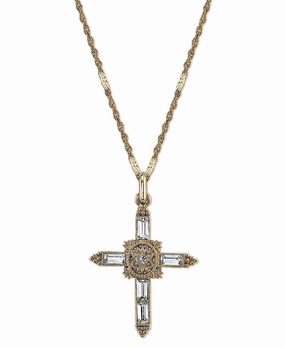 Symbols Of Faith Baguette Cut Crystal Ornate Cross Pendant Necklace 18"