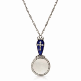 Symbols Of Faith Blue Enamel & Cross Magnifying Glass Pendant Necklace 28" - Magnification Power: 2-3X