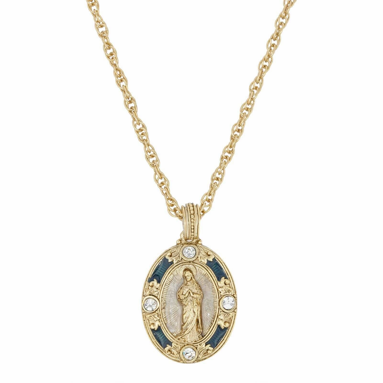 Symbols Of Faith Blue Enamel Virgin Mary Immaculate Pendant Necklace 18"