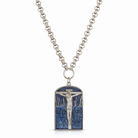 Symbols Of Faith Crucifixion Scene Blue Enamel Pendant Necklace 22"   3" Extender