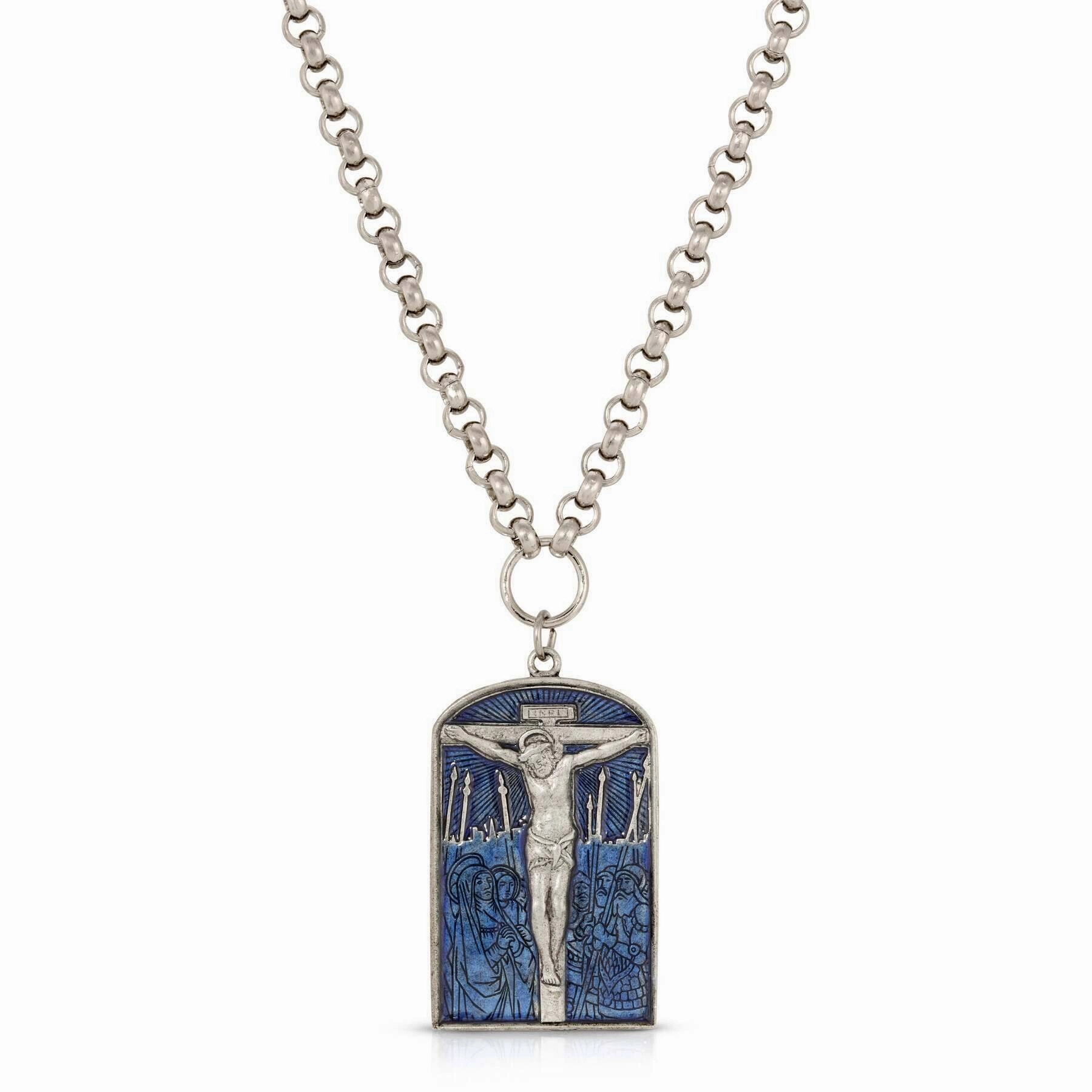 Symbols Of Faith Crucifixion Scene Blue Enamel Pendant Necklace 22"   3" Extender