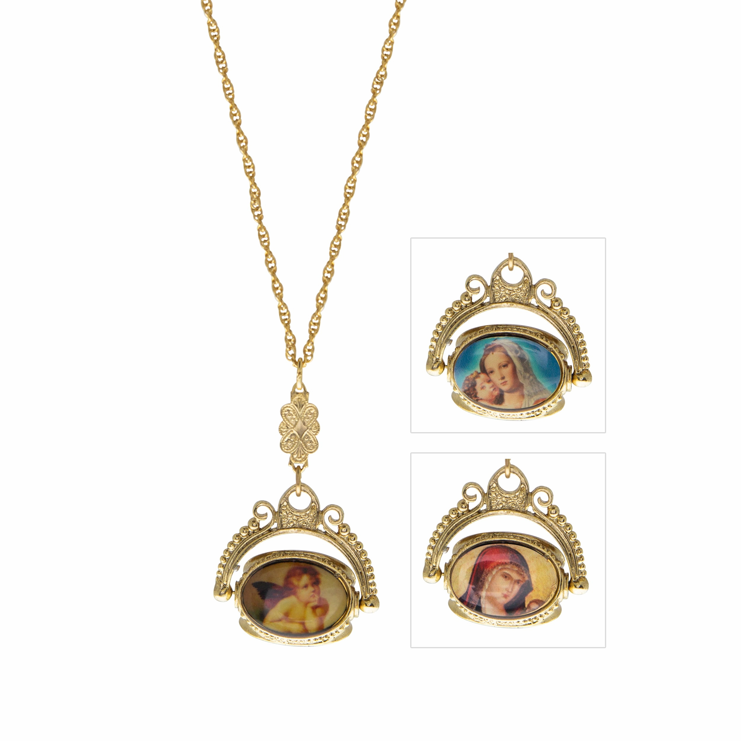 Symbols Of Faith Eternal Embrace & Cherub Spinner Pendant Necklace 30"