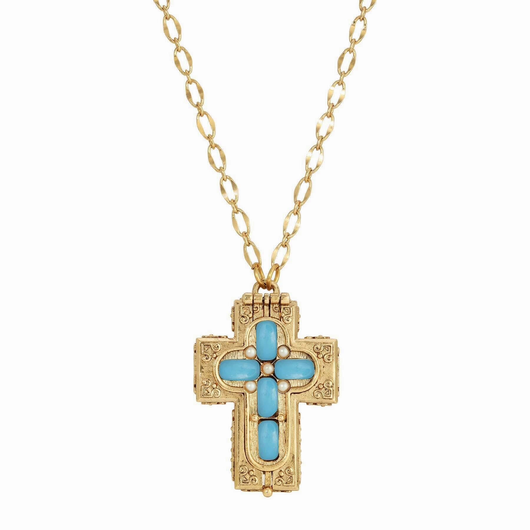 Symbols Of Faith Glass Stone Faux Pearl Cross Reliquary Pendant Necklace 32"