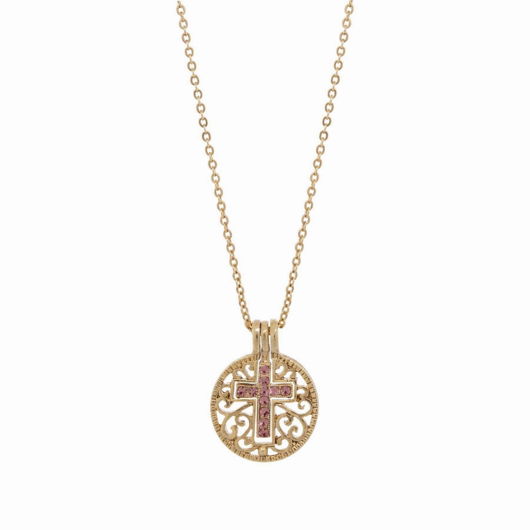 Symbols Of Faith Round Filigree Birthstone Crystal Swinging Cross Pendant Necklace 18"