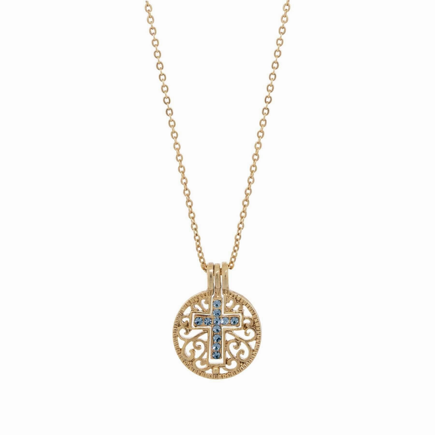 Symbols Of Faith Round Filigree Birthstone Crystal Swinging Cross Pendant Necklace 18"