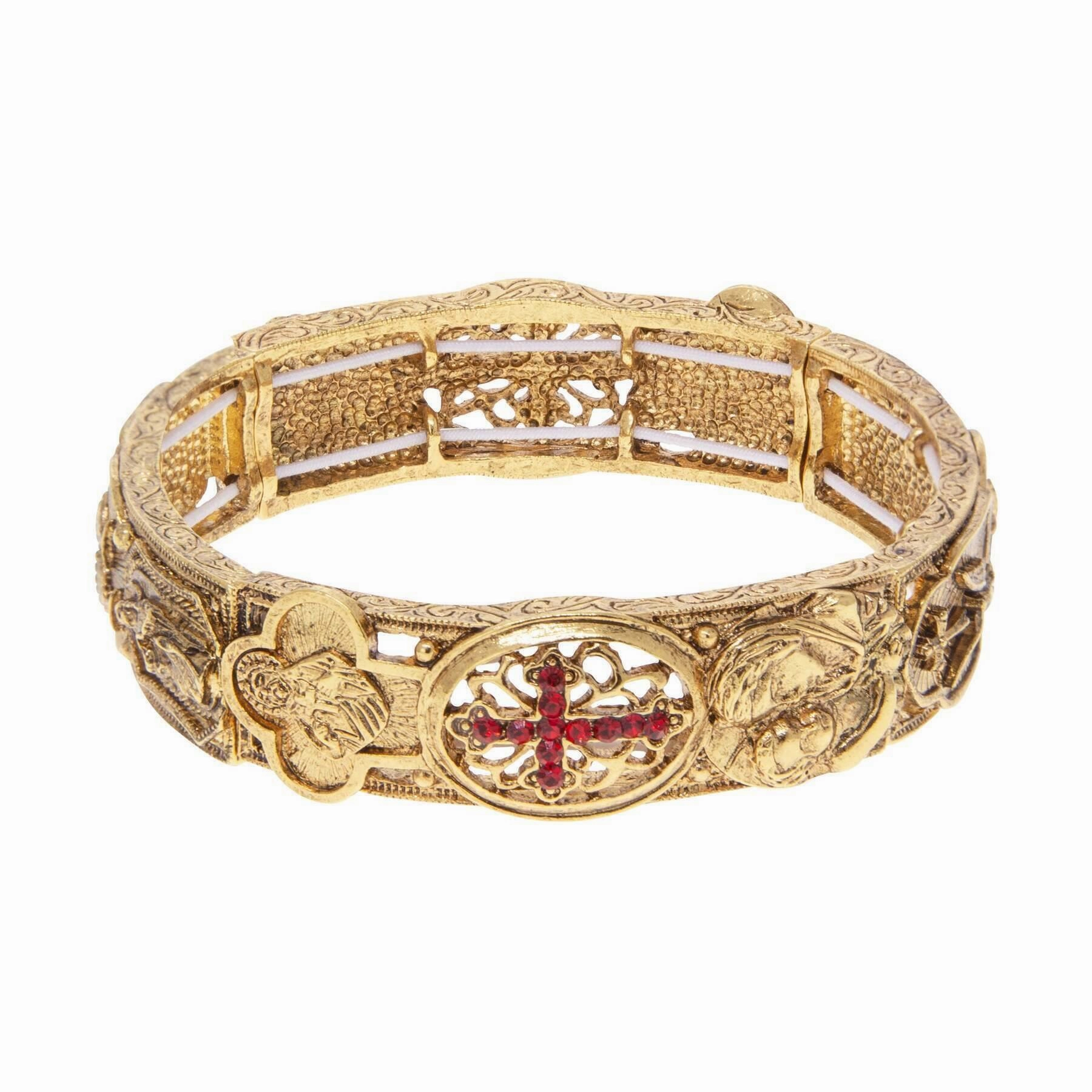 Symbols Of Faith Spiritual Imagery & Light Siam Red Crystal Cross Stretch Bracelet