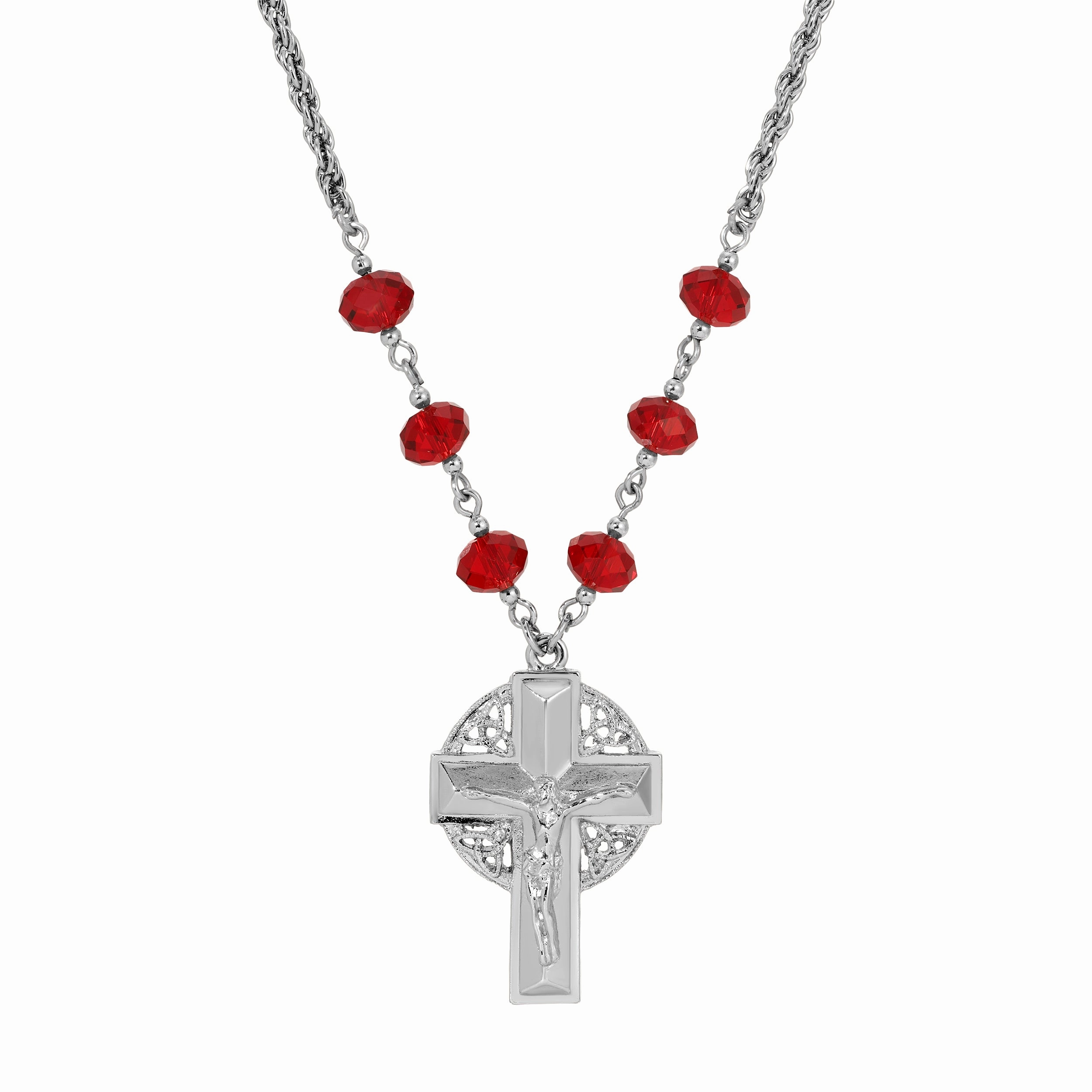 Symbols Of Faith Triquetra Crucifix Pendant Siam Red Beaded Chain Necklace 16"   3" Extension