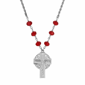 Symbols Of Faith Triquetra Crucifix Pendant Siam Red Beaded Chain Necklace 16"   3" Extension